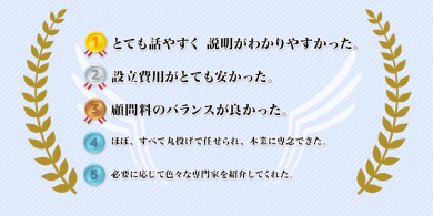 1:とても話やすく 説明がわかりやすかった。2:法人設立費用がとても安かった。3:顧問料のバランスが良かった。4:ほぼ、すべて丸投げで任せられ、本業に専念できた。5:必要に応じて色々な専門家を紹介してくれた。